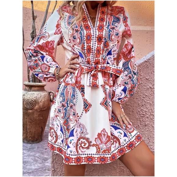 Boho Paisley Print Lantern Sleeve Dress - Picture 5 of 6